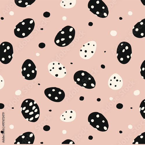 Seamless pattern with black and white speckled eggs on a pink background Perfect for Easter spring and holiday design projects