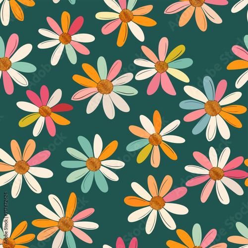 A colorful and vibrant seamless pattern featuring a cheerful repeating design of daisies with gold centers against a teal green background