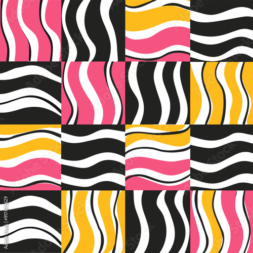 Abstract geometric pattern with wavy lines in black white pink and yellow Perfect for textile fashion and web design