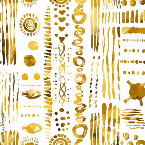 Seamless pattern with gold foil paint brushstrokes dots lines and geometric shapes designed on a white background for a luxurious modern and contemporary look