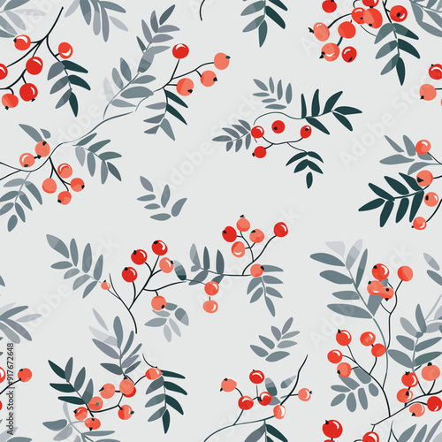 Seamless pattern with red berries and grey leaves on a light background Perfect for textile prints wallpaper wrapping paper and more