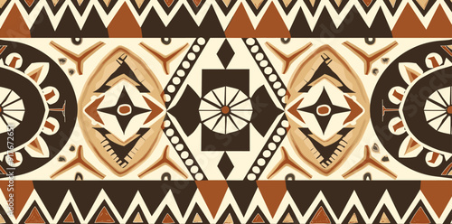 Seamless tribal pattern with geometric shapes in brown white and orange colors It features a repeating design of circles diamonds arrows and zig-zag patterns