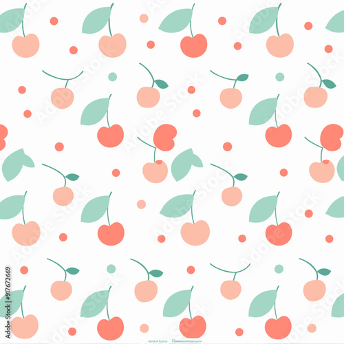 Seamless pattern with cherries and dots in pink orange and green on a white background Perfect for fabric wallpaper packaging and more