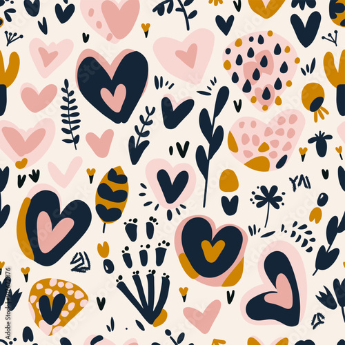 Abstract seamless pattern with hearts and floral elements in pink blue and yellow colors This cheerful and vibrant pattern is perfect for Valentines Day weddings or any occasion where love and joy are