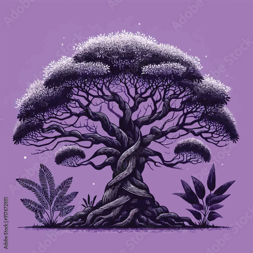 Free vector Black Banyan tree with purple background