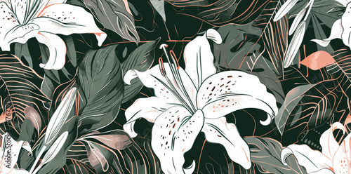 A seamless pattern featuring white lilies and dark green foliage creating a lush and tropical aesthetic