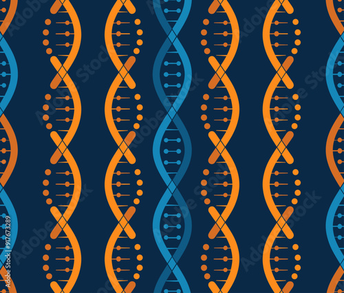 Seamless pattern with blue and orange DNA strands on a dark blue background This pattern is perfect for scientific presentations medical designs or genetic research projects