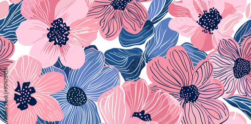 A vibrant floral pattern featuring pink and blue flowers perfect for adding a touch of nature to any design project
