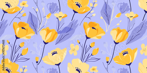 A seamless pattern featuring yellow and light yellow stylized flowers on a light purple background The flowers are in various stages of bloom and are arranged in a pleasing organic way There are also 