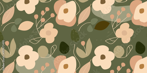 Abstract floral seamless pattern with beige flowers and green leaves on a dark green background