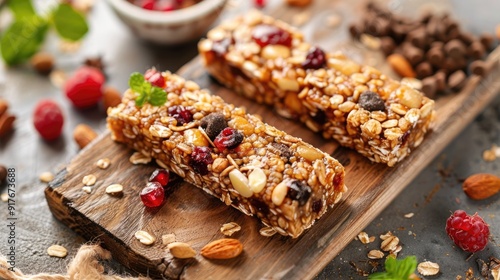 Muesli bars with nuts and berries in close-up on a wooden board. The concept of a healthy snack. The setting is rustic. A delicious and nutritious treat.