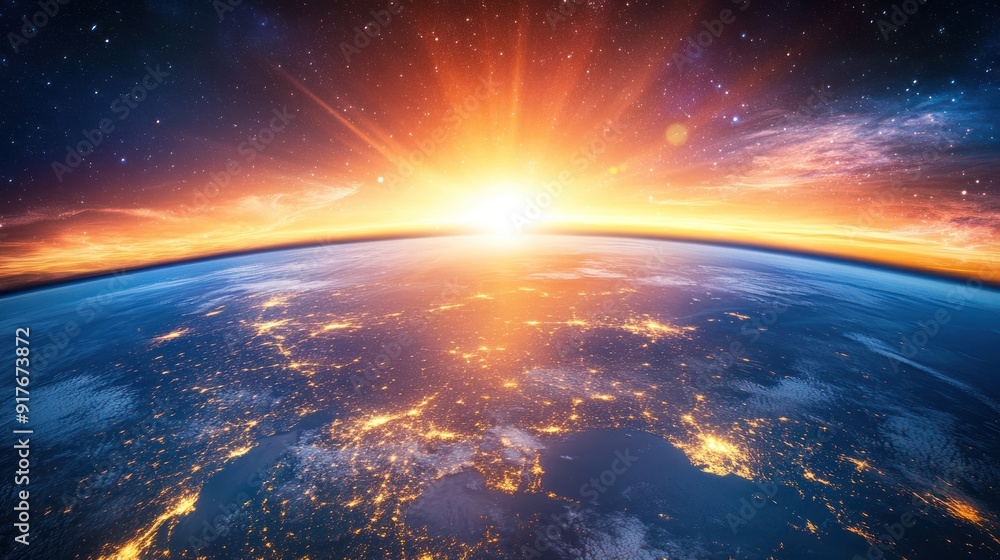 Obraz premium Sunrise from Space: Earth's Golden Glow
