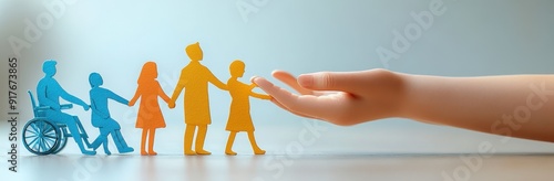 Realistic Paper Cut-Out of Diverse Individuals with Different Body Types, Including a Person in a Wheelchair and Another Offering Help, Hands Covering from Behind as Symbol of Protection,