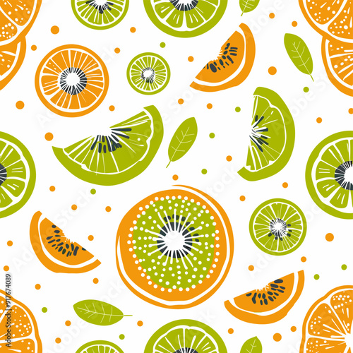 Seamless pattern with orange and kiwi slices leaves and dots on a white background This pattern is perfect for adding a refreshing summer touch to your designs