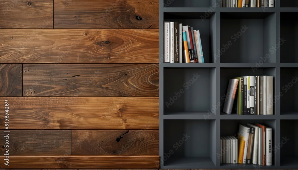 Minimalist Walnut wood texture background with a clean, modern gray bookshelf. Minimalist Walnut wood texture background with a clean, modern gray bookshelf.