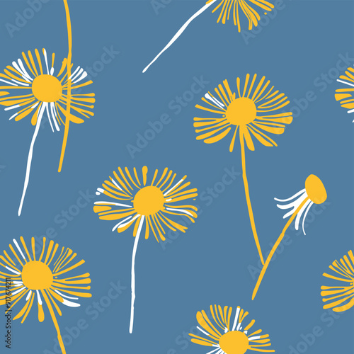 A seamless pattern of yellow dandelions with white outlines on a blue background perfect for textile wallpaper or digital projects