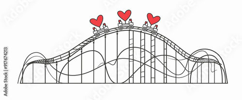 A black and white illustration of a roller coaster with red heart balloons on top of three cars with white background