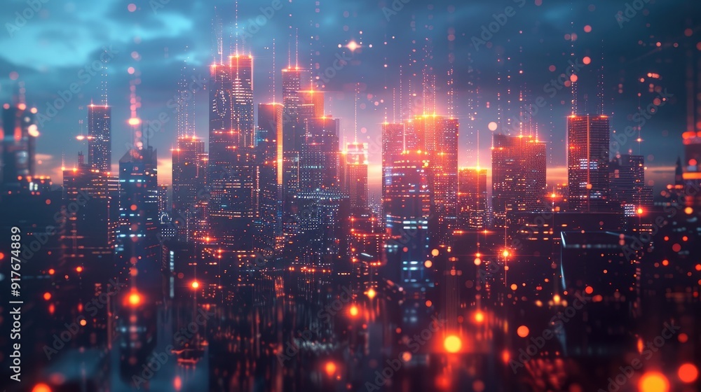A futuristic city skyline illuminated by vibrant orange lights against a dark, stormy sky. A futuristic city skyline illuminated by vibrant orange lights against a dark, stormy sky.