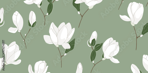 Seamless pattern of white magnolia flowers and green leaves on a light green background This elegant and minimalist floral design is perfect for creating a variety of projects from textile prints to w