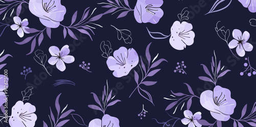Watercolor Floral Pattern with Purple Flowers and Leaves on a Dark Background