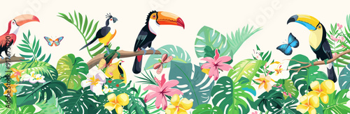Vibrant tropical scene with toucans butterflies and lush foliage A digital illustration featuring toucans perched on branches amidst a vibrant array of tropical flowers and leaves Ideal for designs ce