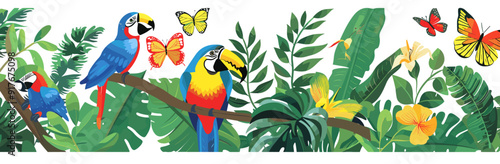 A vibrant illustration featuring three colorful parrots perched on a branch surrounded by lush tropical foliage and fluttering butterflies The parrots are depicted in various poses adding to the dynam
