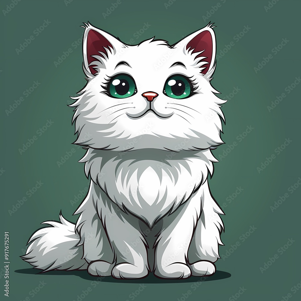 Cute cartoon of a fluffy white cat with big green eyes and a joyful expression. Cute cartoon of a fluffy white cat with big green eyes and a joyful expression.