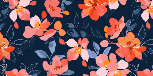 Seamless pattern featuring pink and orange flowers on a navy blue background The flowers are stylized and have a hand-painted look with a textured appearance This print is perfect for various applicat