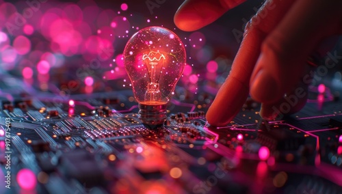 A Finger Touching a Glowing Light Bulb on a Circuit Board