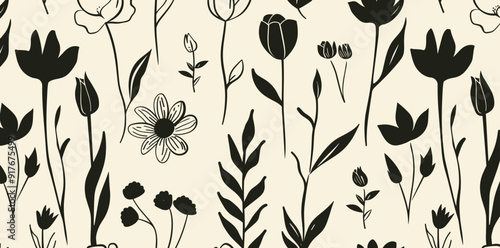 Black and white seamless pattern with silhouettes of various flowers leaves and buds on a pale yellow background
