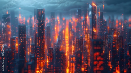 A futuristic city skyline with glowing skyscrapers and a fiery, illuminated street.