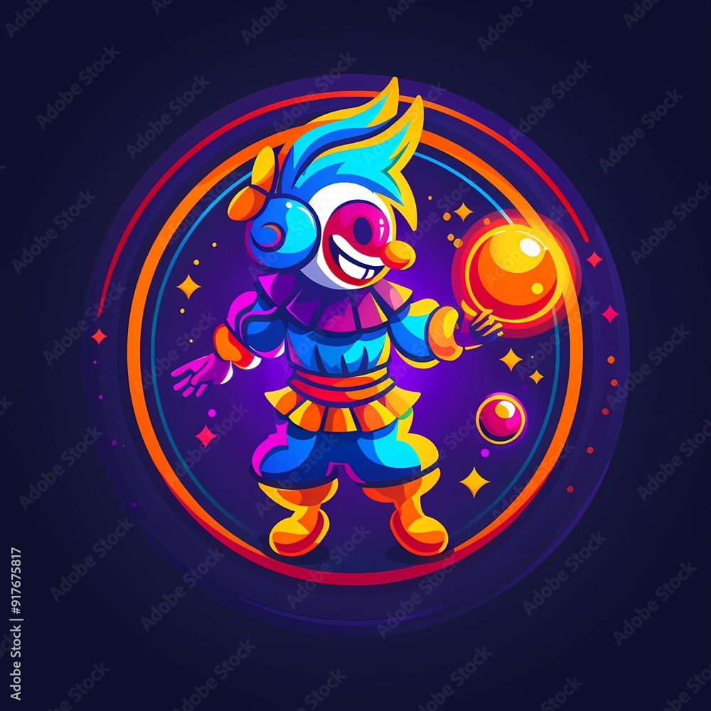 Fototapeta premium Colorful cartoon clown juggling planets in a vibrant cosmic setting.