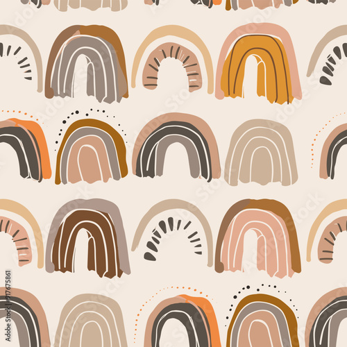 Seamless pattern with abstract hand-drawn rainbows in warm neutral tones This trendy design features a variety of shapes and textures creating a calming and minimalist aesthetic Perfect for textile pr