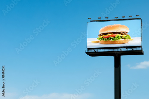 A vibrant billboard showcasing a delicious hamburger against a clear blue sky, inviting passersby to indulge in tasty flavors. photo