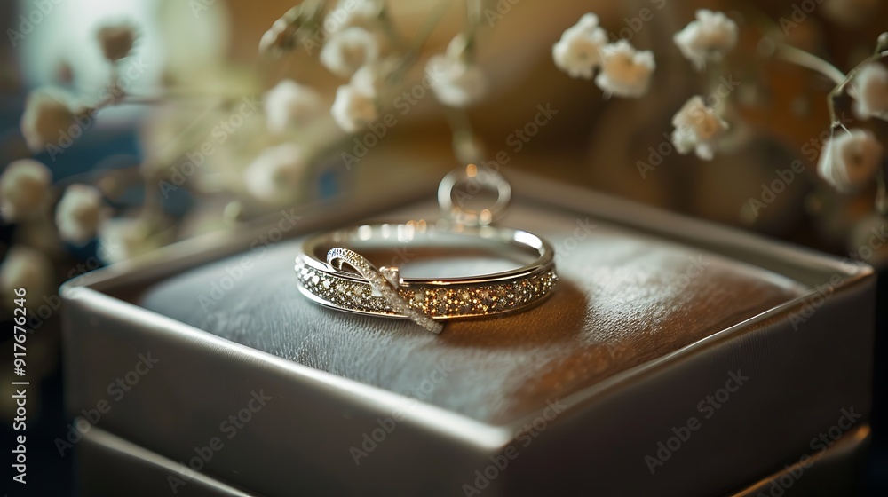 Silver bracelet with silver ring placed on a box