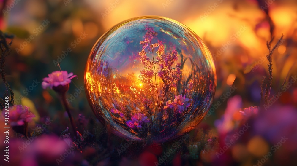 A Stunning Reflection of Flowers in a Glass Bubble at Sunset A Stunning Reflection of Flowers in a Glass Bubble at Sunset