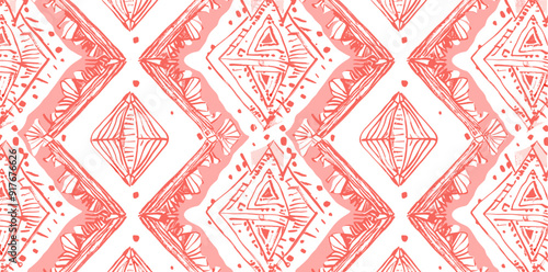 A seamless pattern featuring a hand-drawn design of pink and white diamond shapes with geometric lines and accents