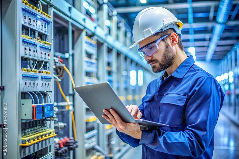 A man in a hard hat is looking at a tablet while standing in a room with many wi A man in a hard hat is looking at a tablet while standing in a room with many wi