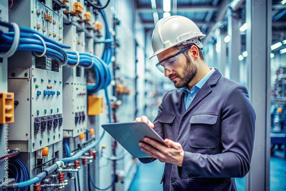A man in a hard hat is looking at a tablet while standing in a room with many wi A man in a hard hat is looking at a tablet while standing in a room with many wi