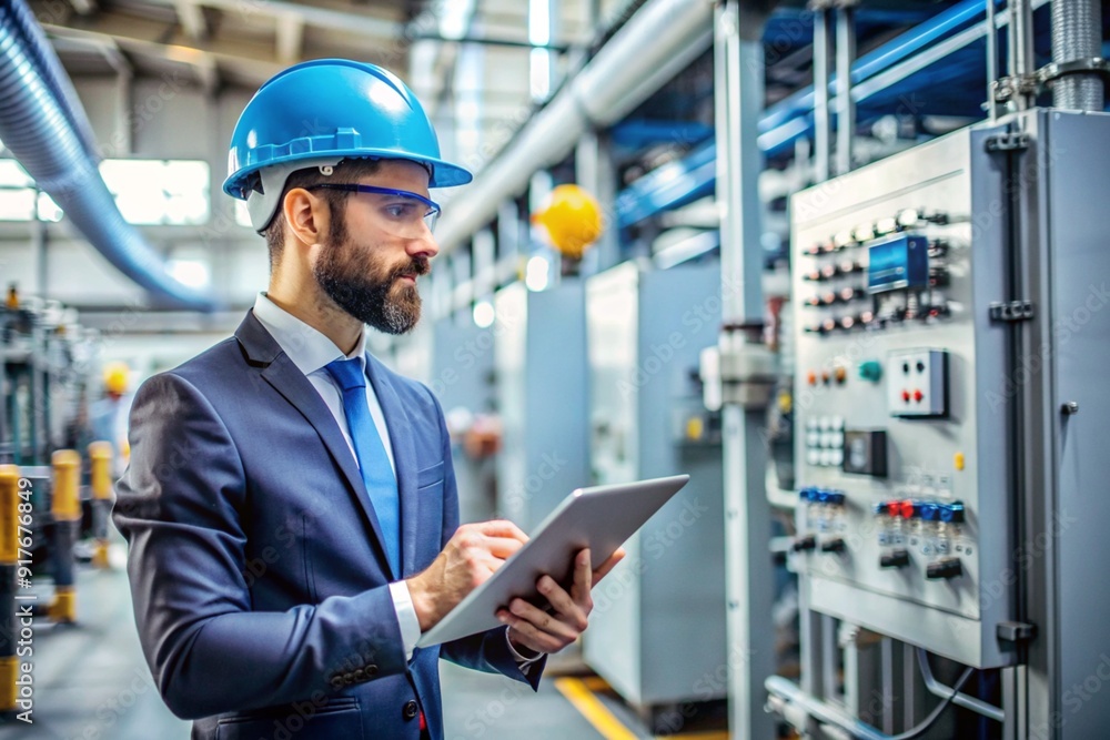 A man in a hard hat is looking at a tablet while standing in a room with many wi