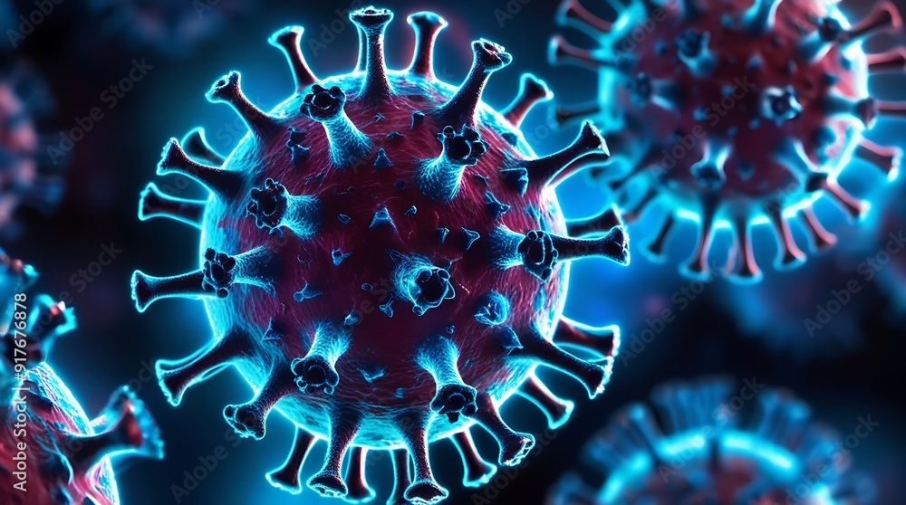 Closeup view of multiple virus particles with blue and red hues. Suitable for medical, scientific, or educational designs and materials. Closeup view of multiple virus particles with blue and red hues. Suitable for medical, scientific, or educational designs and materials.