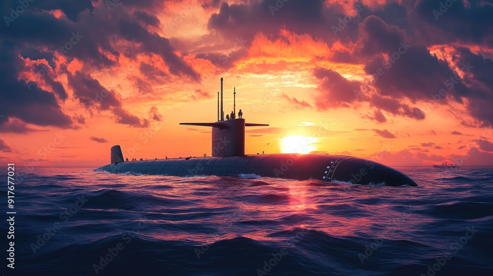 Fototapeta premium Warship. Naval Forces. Military control of the sea. Protection of state borders from water during sunset background