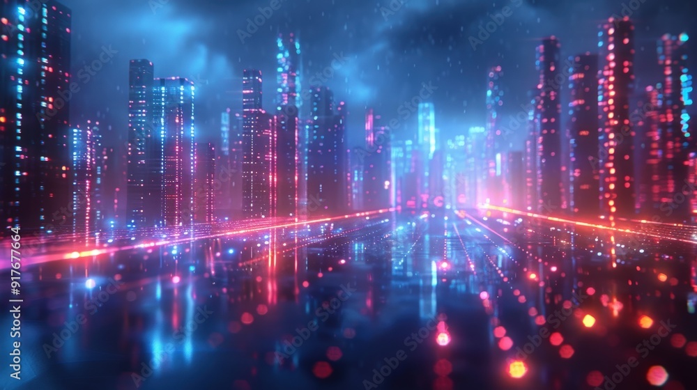 Naklejka premium Neon Cityscape with Futuristic Glow. Generate AI image