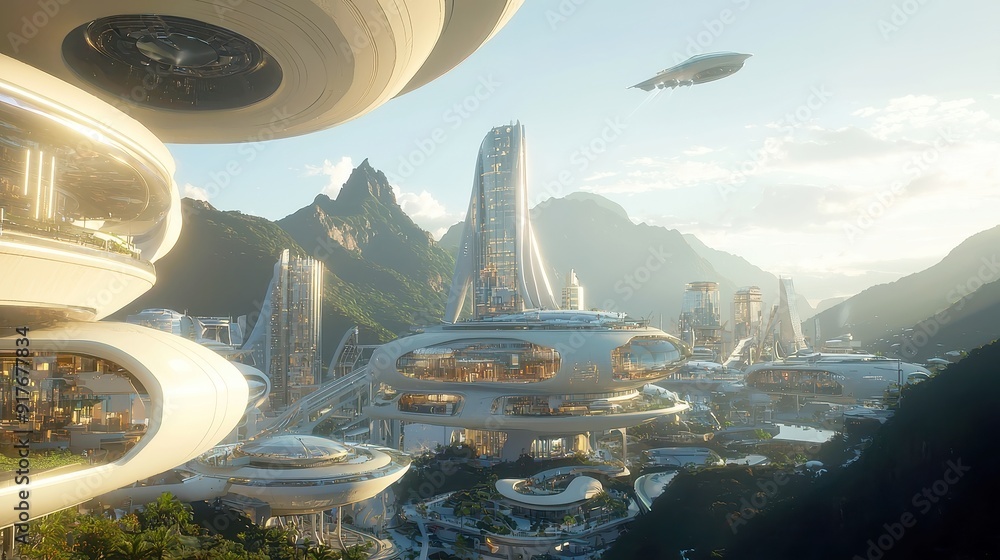 Futuristic Cityscape with Curved Architecture, towering skyscrapers nestled against mountains, lush greenery enveloping the urban scene, a vision of innovation and nature. Futuristic Cityscape with Curved Architecture, towering skyscrapers nestled against mountains, lush greenery enveloping the urban scene, a vision of innovation and nature.