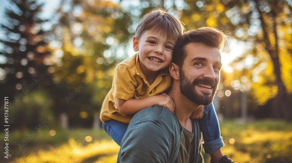 Father piggyback his son on a shoulder and walking around the park Father piggyback his son on a shoulder and walking around the park