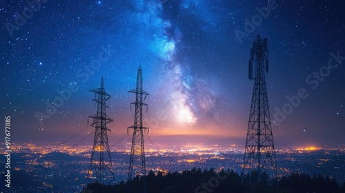 wonderful view of media antenna and silhouettes of electricity high voltage power towers against night city on horizon and gorgeous Milky Way in clear sky 