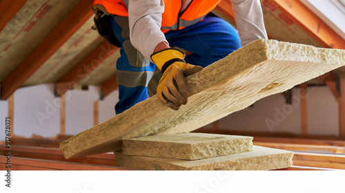 House attic insulation - construction worker installing rock wool in mansard wall on roof  photo