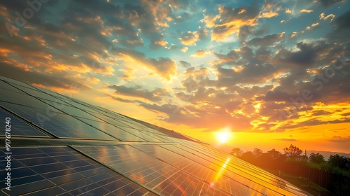 Solar panel cell on a gorgeous sunset sky background a clean energy a source