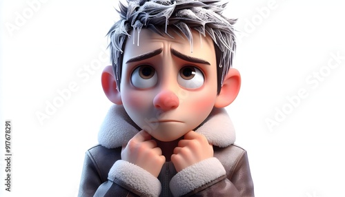 3d character guy frozen, hair covered with ice, winter cold weather, isolated on white
