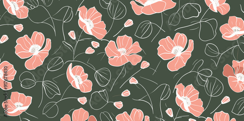 Seamless floral pattern with delicate pink flowers and white leaves on a dark green background perfect for textile design wallpaper or packaging